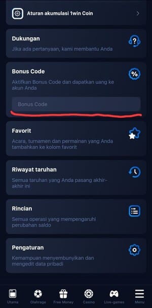 Mengaktifkan Akaun Bonus 1Win